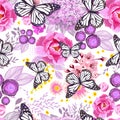 Seamless floral background with monochrome butterflies. Vector illustration