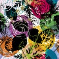 Seamless floral background pattern, with leaves, abstract roses, paint strokes and splashes