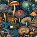 Seamless floral background with various mushroom types, vintage botany book illustration style, AI generative