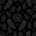 Seamless floral boho style pattern, flower and leaves grey line art, vector repeat mystical illustration on black background