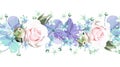 Seamless Floral border with softness roses and purple flowers and small light blue florets on white background. Isolated Ornate Royalty Free Stock Photo