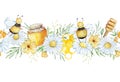 Seamless border with watercolor daisies, leaves, honey and bees