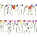 Seamless floral border of watercolor meadow plants (poppies, cornflowers, wheat and other wildflowers)