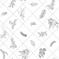 Seamless floral Christmas pattern with square lined black tree branches, fir cones, berries, leaves on white background