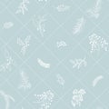 Seamless floral Christmas pattern with square lined white tree branches, fir cones, berries, leaves on blue background Royalty Free Stock Photo