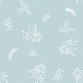 Seamless floral Christmas pattern with white tree branches, fir cones, berries, leaves on blue background Royalty Free Stock Photo