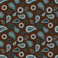 Seamless floral colored pattern with blue plants, flowers and leaves on brown or black background. Ethnic oriental print with cucu