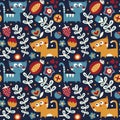 Seamless floral cute spring pattern made with flowers, cats, plants, strawberry, cherry, berries, leaves, nature, summer