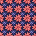 Seamless floral dark blue background with coral flowers