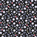 Seamless floral ditsy pattern in country style. Small berries, flowers and leaves isolated on black background.