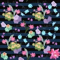 Seamless floral ditsy pattern with nasturtium, cosmos, primrose, cactus flowers and musical notes on dark striped background.