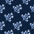 Seamless floral drk pattern with abstract botanic shapes. Navy blue background with dots and light blue brach elements