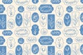 Seamless floral folk pattern with botanical frames in blue line art style Royalty Free Stock Photo