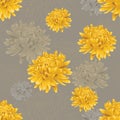 Seamless floral gray pattern with golden chrysanthemums