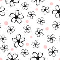 Seamless floral grunge pattern. Repeated flowers and round spots. Drawn by hand rough brush. Sketch, ink, graffiti.