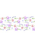 Seamless floral horizontal ornament border, decorative flowers imitation of watercolors on a white background, for paper