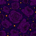 Seamless floral mosaic pattern with violet roses on dark blue background