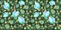 Seamless floral motley pattern with blue roses and paisley on green lace background. Ethnic print for fabric