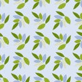 Seamless floral ornament leaves pattern. Green and blue foliage on pastel light background. Spring backdrop Royalty Free Stock Photo