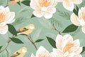 Seamless floral ornament with magnolias background. Seamless flat painting. Beautiful tribal generative ai art background Royalty Free Stock Photo