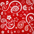 Seamless floral ornament with turkish (indian) cucumbers, white on red background