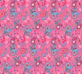 Seamless floral paisley pattern with butterflies and fantasy flowers in pink and blue colors. Ethnic style. Royalty Free Stock Photo