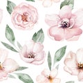 Seamless floral pattern with abstract blue pink flowers and leaves. Watercolor colorful print in rustic vintage style, textile or Royalty Free Stock Photo