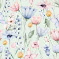 Seamless floral pattern with abstract blue pink flowers and leaves. Watercolor colorful print in rustic vintage style, textile or Royalty Free Stock Photo