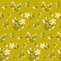Seamless floral pattern, abstract ditsy print with a rustic motif : small flowers, branches, leaves on mustard. Vector. Royalty Free Stock Photo