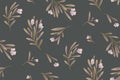Seamless floral pattern, abstract botanical print with flowers branches, leaves on a dark background. Vector flower pattern Royalty Free Stock Photo