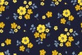 Seamless floral pattern, abstract ditsy print with small yellow flowers bouquets on dark blue. Vector botanical design.