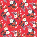 Seamless floral pattern, abstract ditsy print with a winter motif : flowers, leaves, bouquets on red. Vector. Royalty Free Stock Photo