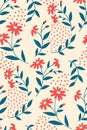 Seamless floral pattern, abstract flower print with retro folk motif, flowers on stems, leaves, polka dots. Vector. Royalty Free Stock Photo