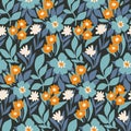 Seamless floral pattern, abstract flower print with simple hand drawn flowers in a retro motif. Botany vector. Royalty Free Stock Photo
