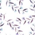 Seamless floral pattern with the abstract watercolor purple and blue branches with flowers