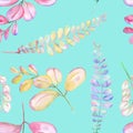 Seamless floral pattern with the abstract watercolor purple, pink and yellow branches Royalty Free Stock Photo