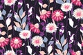 Seamless floral pattern, botanical print with retro motif : wild flowers, leaves, herbs on black. Vector. Royalty Free Stock Photo