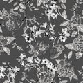 seamless floral pattern background for fabric print. Black white illustration. Gray flowers leaves vector design for women dress Royalty Free Stock Photo