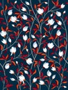 Seamless floral pattern background with magnolia flowers, branches and red leaves. Vector illustration Royalty Free Stock Photo