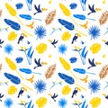 Seamless floral pattern background Tropical flowers, jungle palm leaves birds Royalty Free Stock Photo