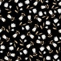 Seamless floral pattern based on traditional folk art ornaments. White flowers on black background. Scandinavian style. Vector. Royalty Free Stock Photo