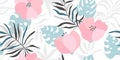 Seamless floral pattern.Beautiful background with pink flowers and tropical leaves.Vector illustration