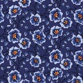 Seamless floral pattern, liberty ditsy print with vintage winter garden, small flowers branches on blue. Vector. Royalty Free Stock Photo