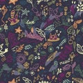 Seamless floral pattern with bird and cat Royalty Free Stock Photo