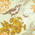 Seamless floral pattern with a bird flying butterf