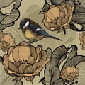 Seamless floral pattern with bird titmouse. Vector illustration. Royalty Free Stock Photo