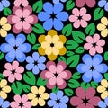Seamless floral pattern on black background, bright flowers and green leaves Royalty Free Stock Photo