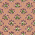 Seamless floral pattern with black contour, mauve flowers, yellow, green and pink leaves, brown-pink background, vector Royalty Free Stock Photo