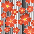 Seamless floral pattern on black and white stripes background