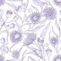 Seamless floral pattern with blossomed flowers of eucalyptus on white background. Endless botanical texture for printing